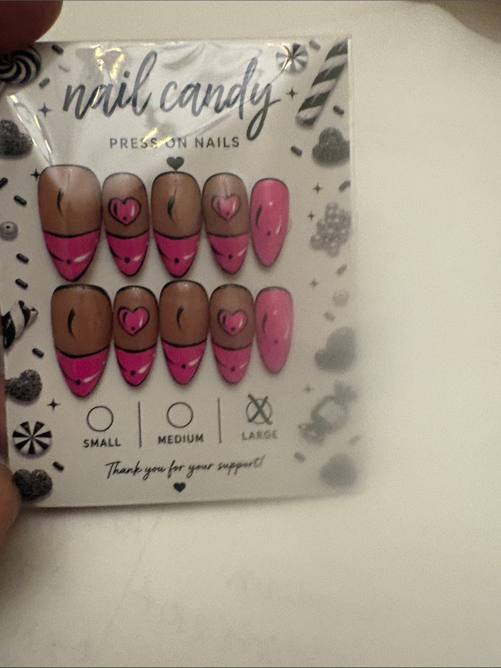 Premium custom made Pink Heart on nude base Press-On Nails Sz L FIRM $15 SALE